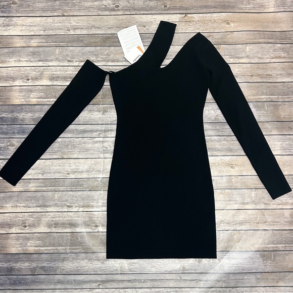 Nanushka Black Shani Knit Asymmetrical Cut Out Long Sleeve One Shoulder Mini New